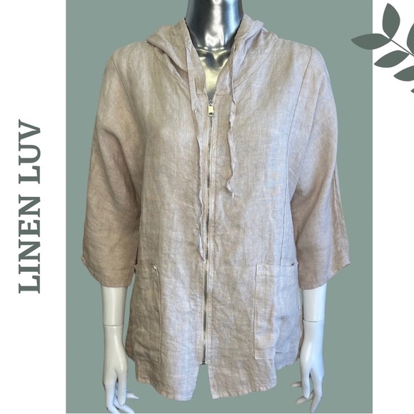 Linen Luv Zipper Front Hooded Jacket Front Pockets Natural Unlined - Picture 2 of 7